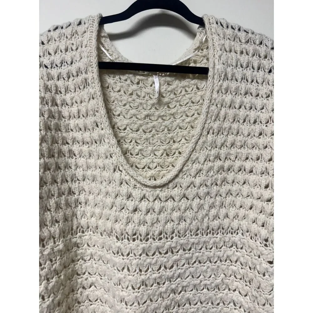FREE PEOPLE Crashing Waves V-Neck Open Knit Slouchy Pullover Sweater Cream, Sz M